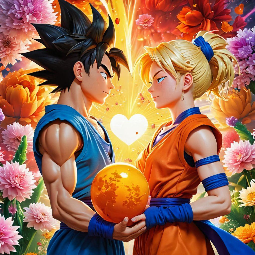 A vibrant scene depicting two anime characters from DBZ sharing a tender moment, with a backdrop of colorful energy blasts representing growth and character development. Flowers and hearts surround them, symbolizing romance, while iconic DBZ elements, like the Dragon Balls, subtly blend into the background. Bright colors and dynamic poses convey emotion and energy. super-realistic. vibrant colors. 3D.