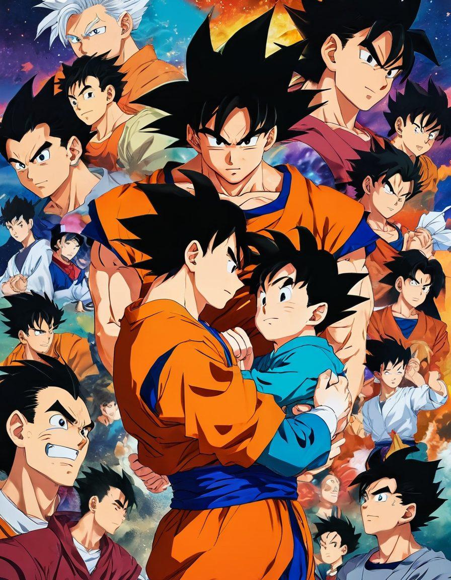 An artistic collage depicting Goku and Gohan in a heartfelt moment, surrounded by iconic scenes from various anime love stories. Include vibrant colors that capture the emotion and passion in their bond, with subtle hints of other beloved anime couples in the background. Create a dynamic layout that showcases the contrasting yet complementary relationship between father and son. The style should be vivid and expressive, evoking a sense of nostalgia. anime-style, vibrant colors, collage art.