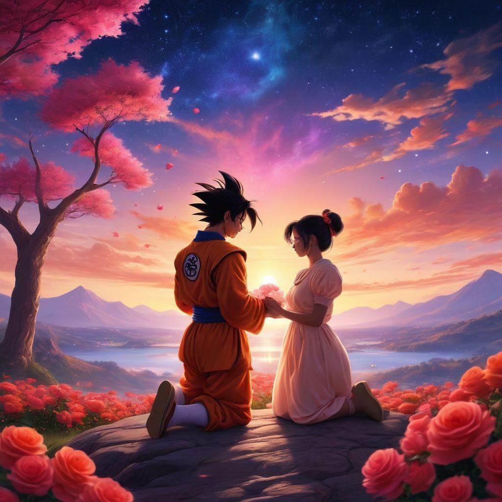 A vibrant scene featuring iconic Dragon Ball Z characters, Goku and Chi-Chi, sharing a romantic moment under a starry sky, with mystical energy surrounding them. In the background, subtle references to other love stories, like roses and glowing hearts, intertwine with the Dragon Ball universe. The warmth of their affection should be palpable, with soft hues enhancing the romantic atmosphere. super-realistic. vibrant colors. fantasy art.